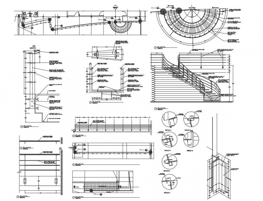 Metal circular stair plan and elevation with detail in auto cad
