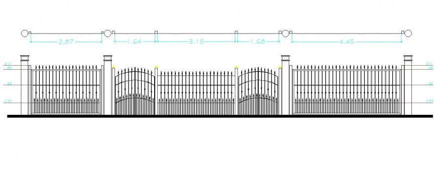 Metal compound wall and gate elevation drawing in dwg AutoCAD file.