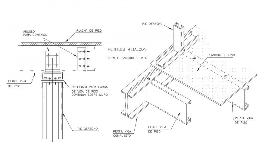 Metal con roof constructive structure cad drawing details dwg file
