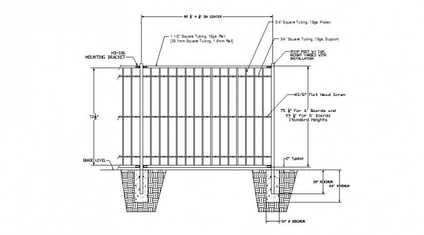 Metal fence sectional elevation drawing in dwg file.