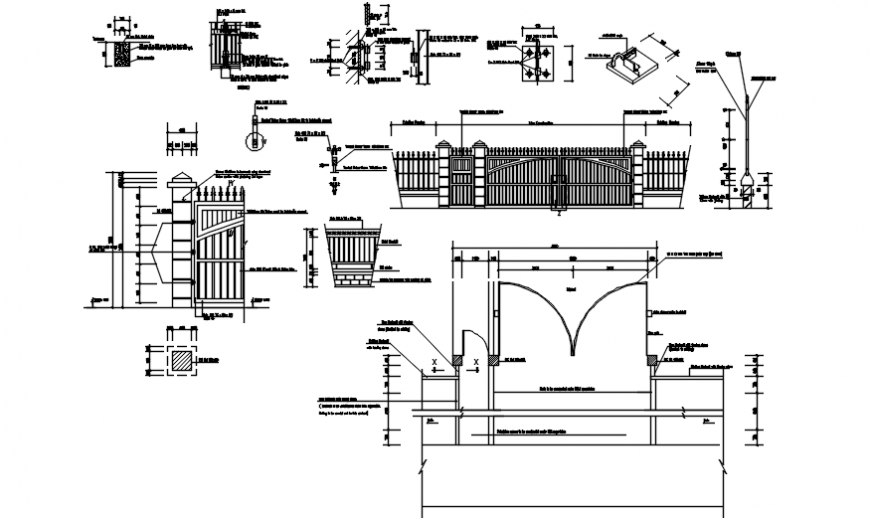 Metal gate elevation, section and installation details dwg file