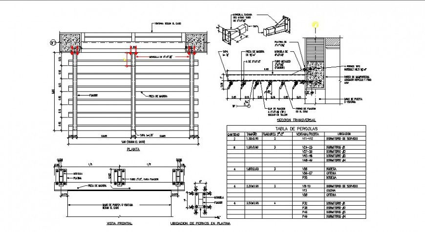 Metal pergola section, plan and construction details dwg file