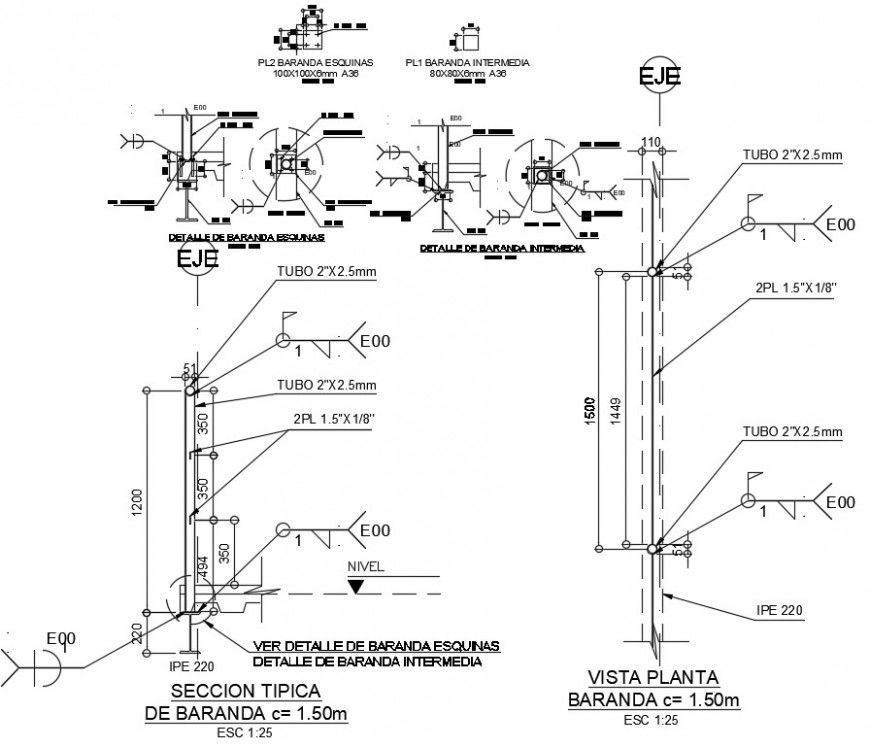 Metal rail section and plan 2d view construction details autocad software file