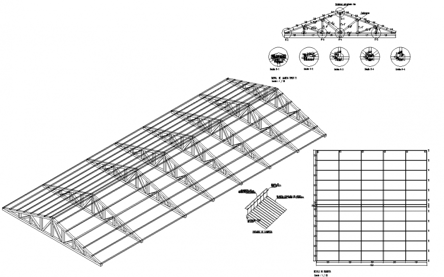 Metal roof structure perspective drawing in dwg AutoCAD file.