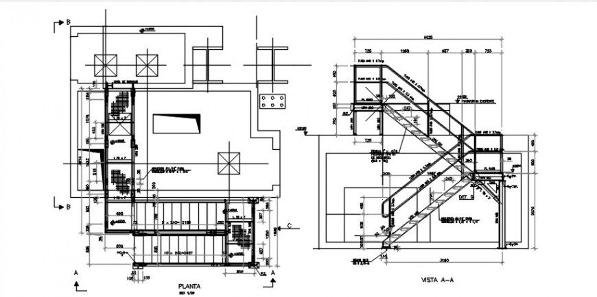 Metal staircases sections and constructive structure drawing details dwg file