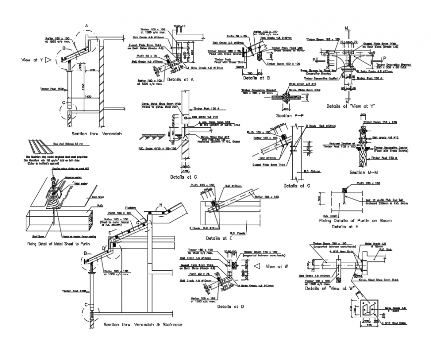Metal structure roof Trush constructive sectional details dwg file