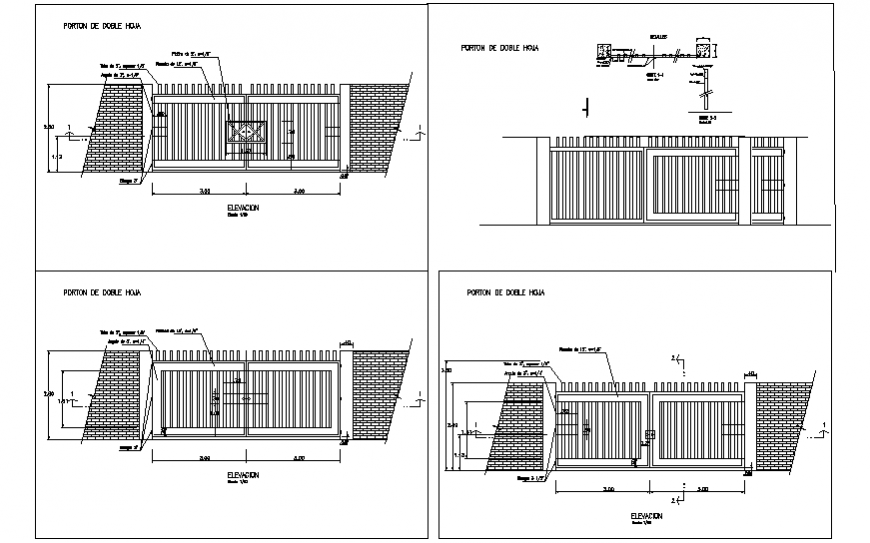 Metallic access gate with brick wall elevation and auto-cad details dwg file