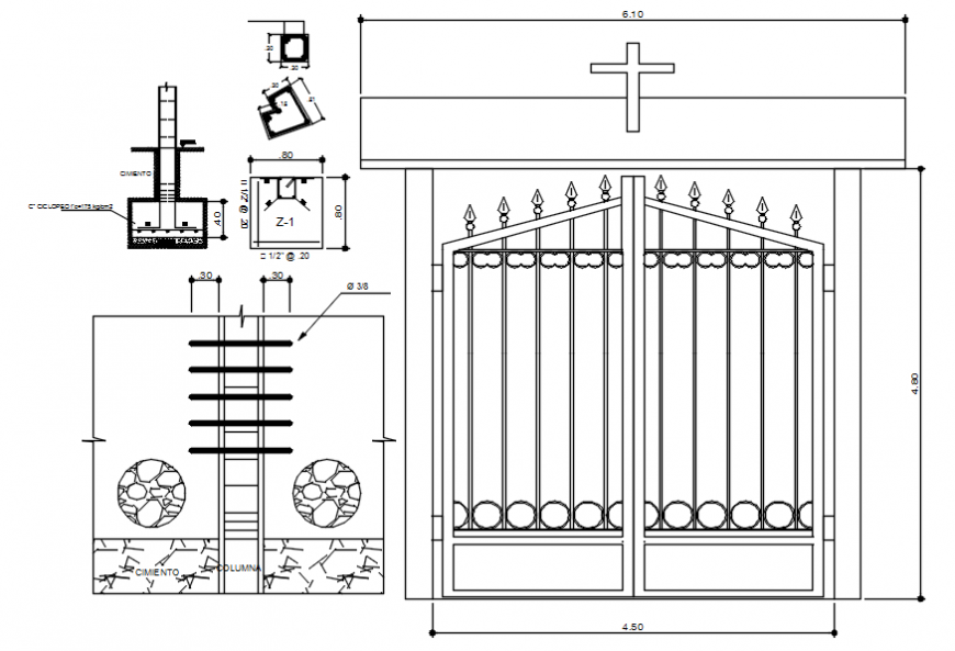 Metallic church gate elevation and installation details dwg file