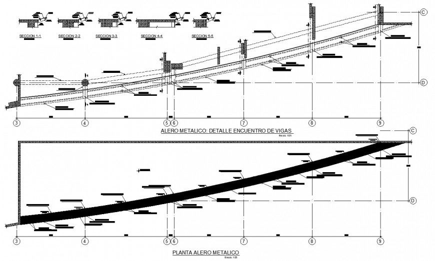 Metallic Eaves plan construction detail 2d view CAD structural blocks layout file in dwg format