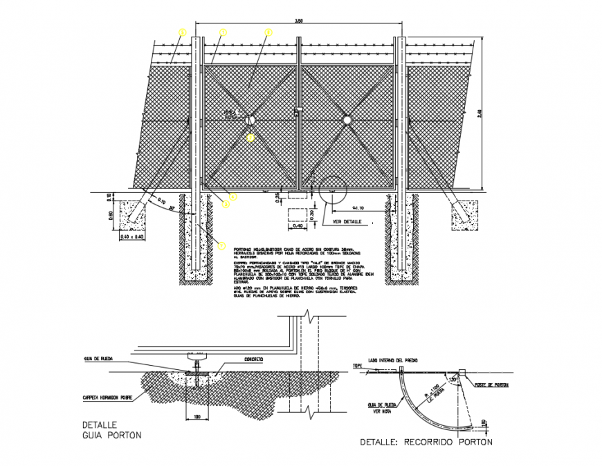 Metallic emergency gate structure constructive details dwg file