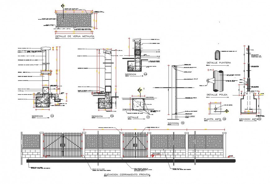 Metallic fence and front enclosure elevation plan layout file