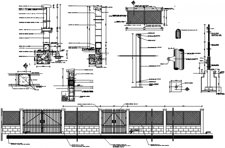 Metallic fence and gate section, plan and installation drawing details dwg file