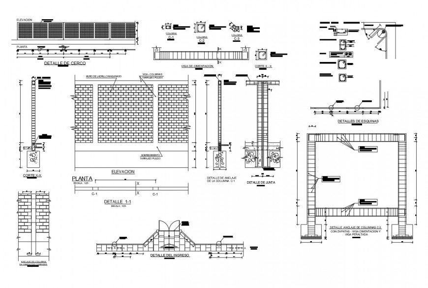 Metallic fence and gate section and installation cad drawing details dwg file