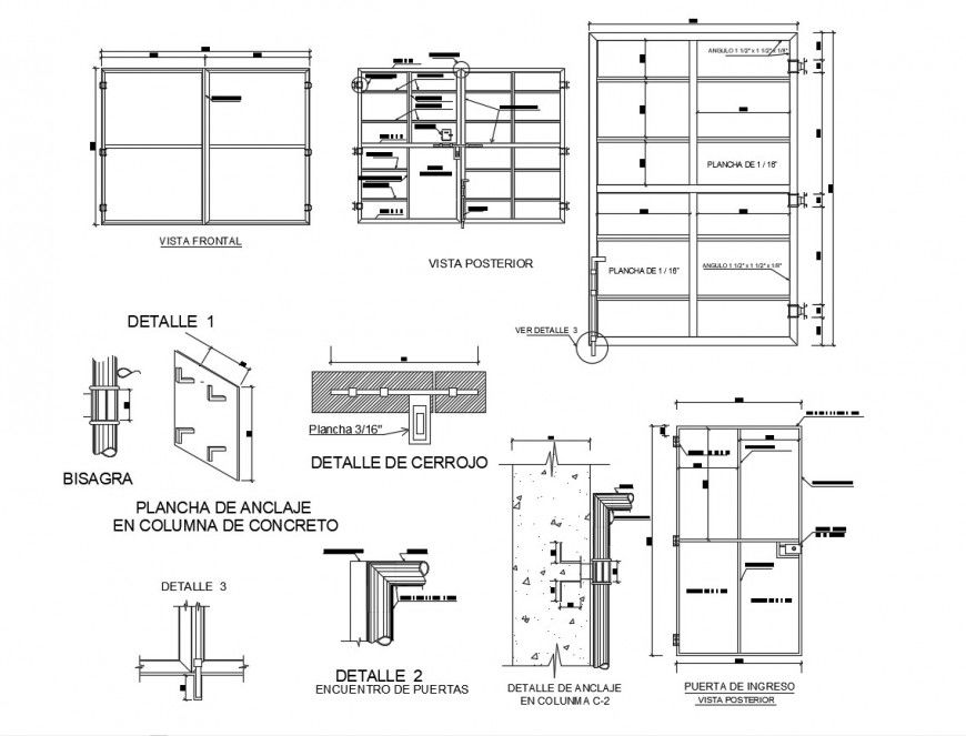 Metallic gate elevation, section and installation cad drawing details dwg file