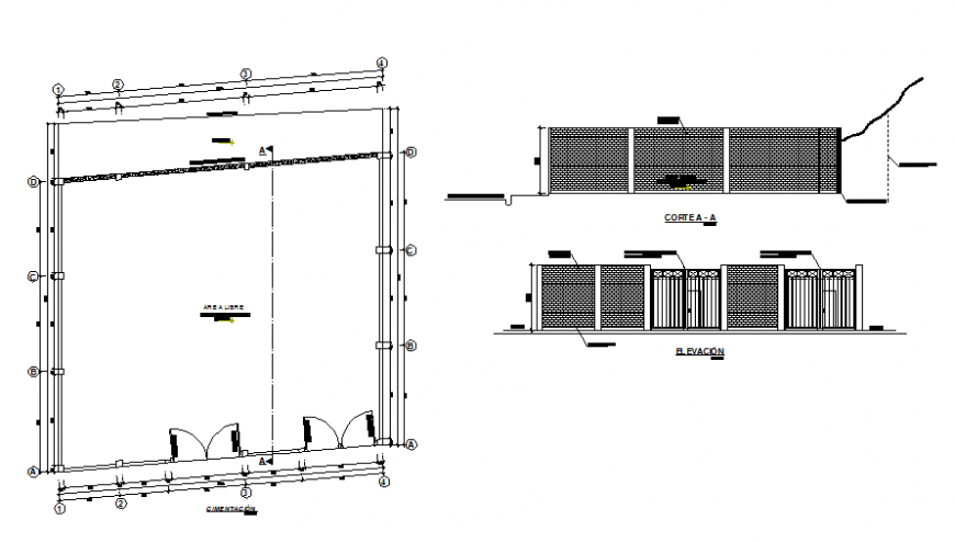 Metallic gate elevation, section and perimeter fence structure details dwg file