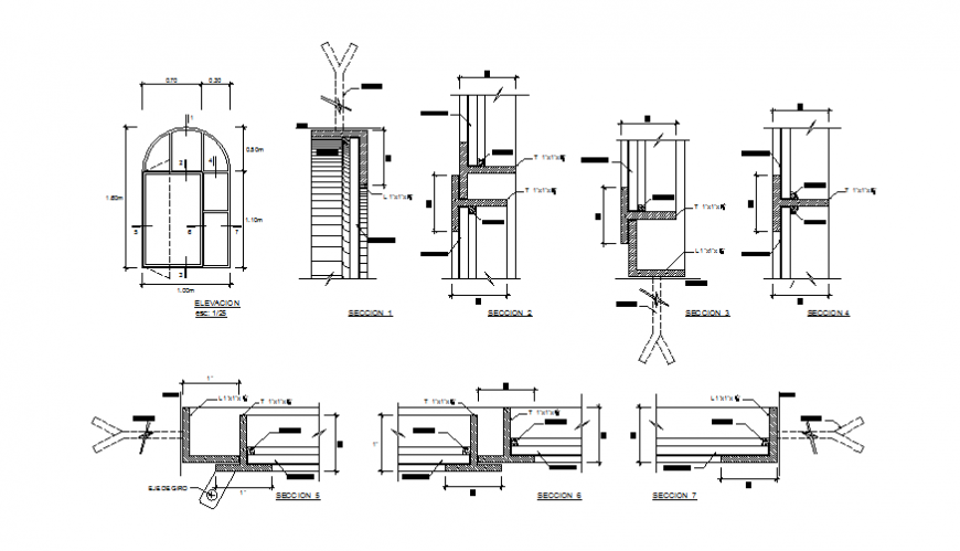 Metallic gate opening structure, elevation and sectional details dwg file
