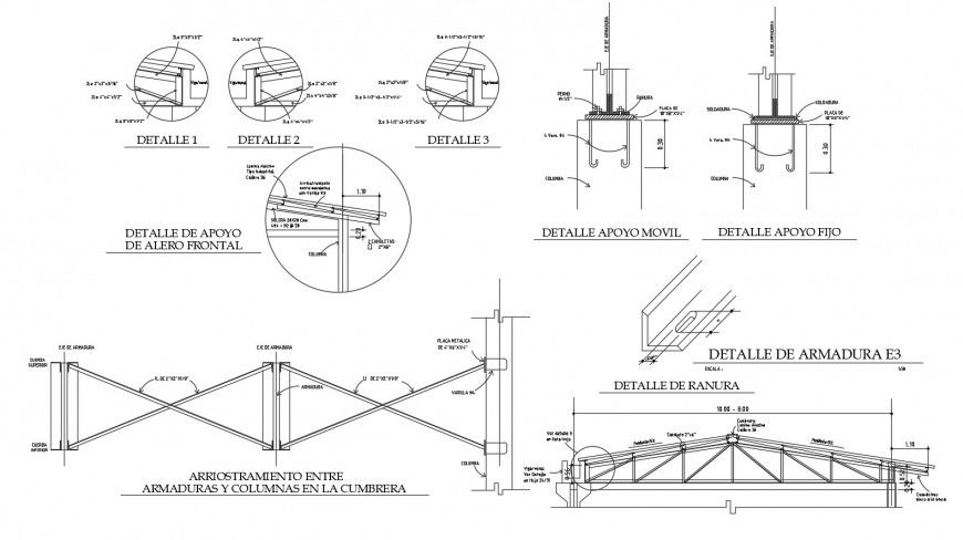 Metallic roof section and constructive structure cad drawing details dwg file
