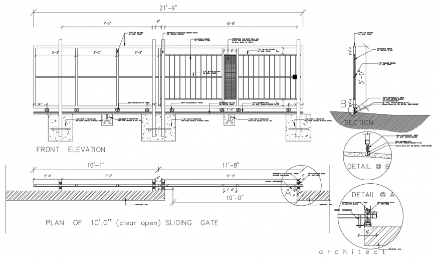 Metallic sliding gate constructive section and structure cad drawing details dwg file