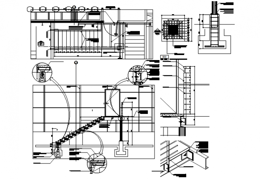Metallic staircases sections, plan and constructive structure drawing details dwg file