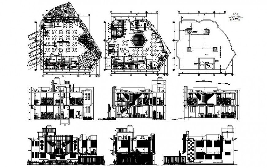Mexcian restaurant building plan elevation and section dwg file
