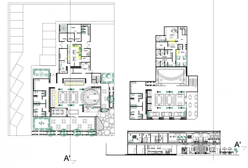 Mexican restaurant design 2 levels plan and section detail dwg file