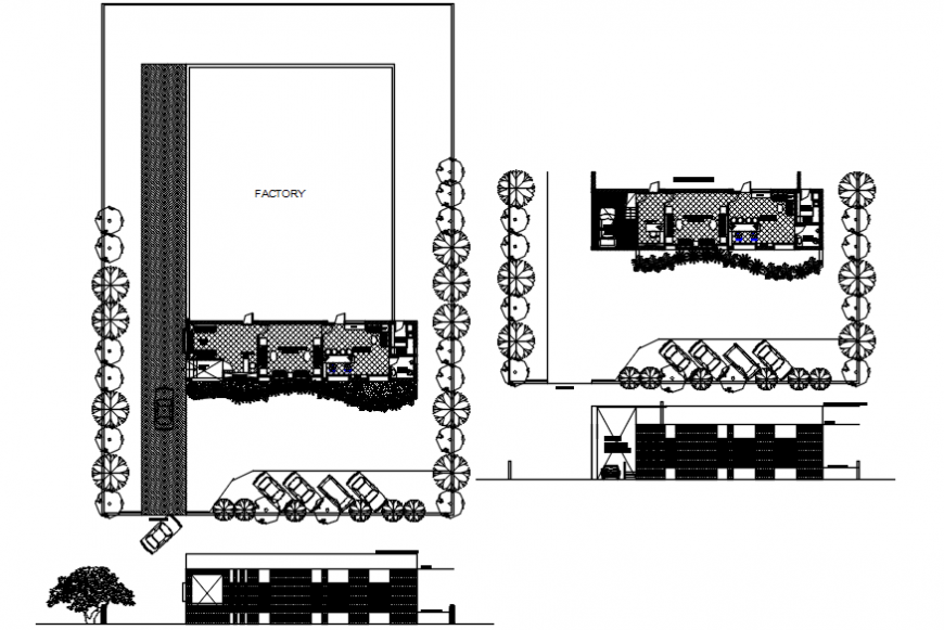 Milap's factory elevation, section and plan cad drawing details dwg file
