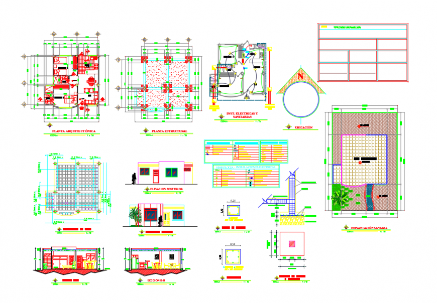 Mini house elevation, section, floor plan and structure details dwg file