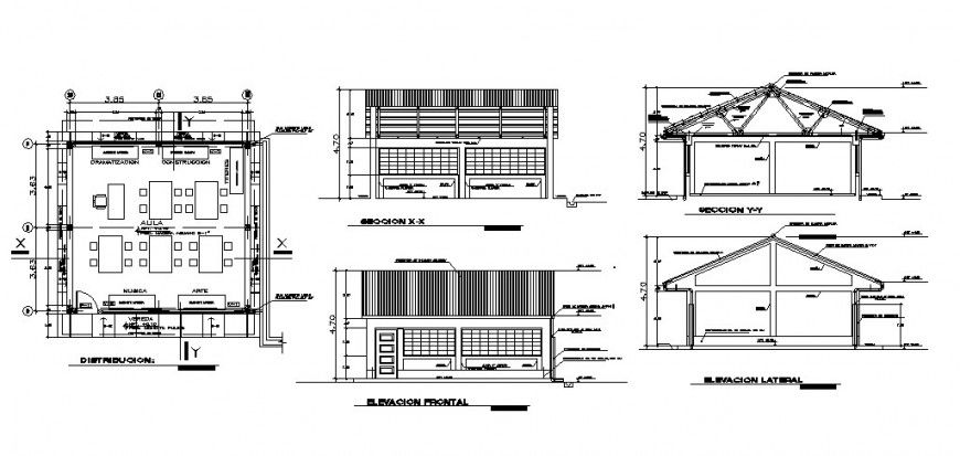 Mini restaurant elevation, section and distribution plan cad drawing details dwg file