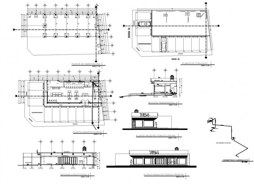 Mini store plan, elevation and section autocad file