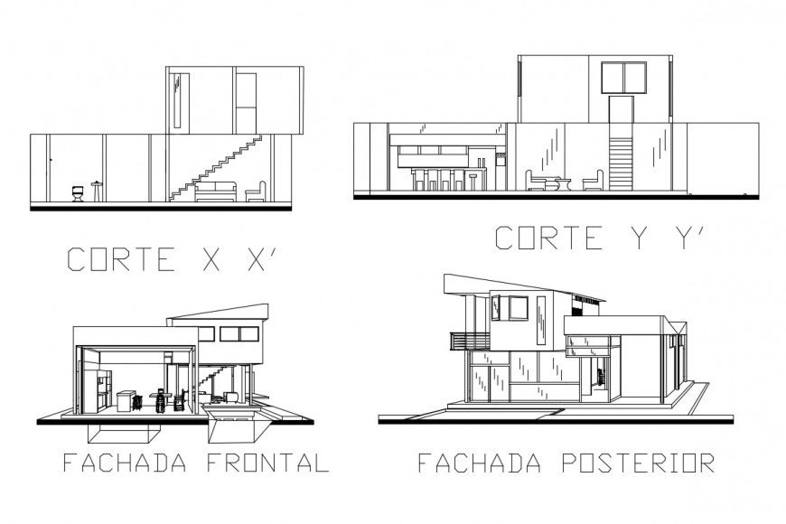 Minimalist house facade and back elevation and section details dwg file