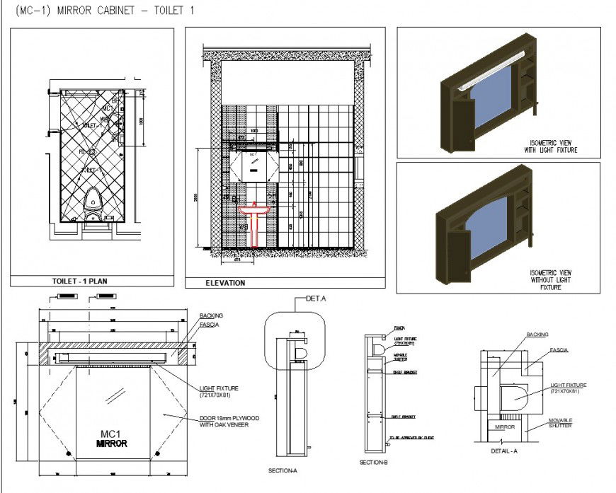 Mirror cabinet toilet plan and elevation detail dwg file