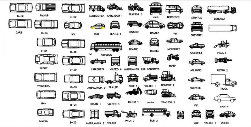 Miscellaneous cars, two wheeler and long vehicle blocks drawing details dwg file