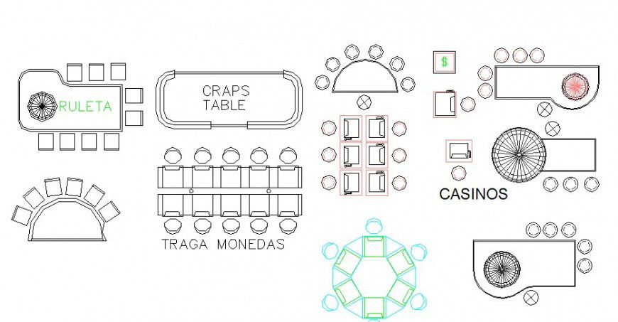 Miscellaneous casino game table elevation blocks dwg file