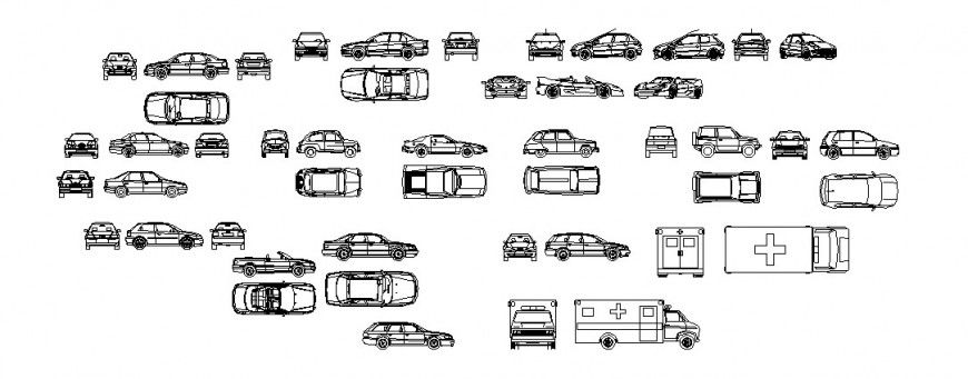 Miscellaneous common and luxuries cars and ambulance blocks cad drawing details dwg file