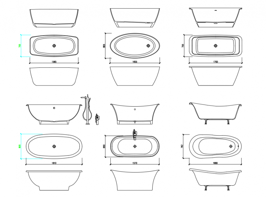 Free-Standing Bath Tub CAD Elevations for Bathroom Design Projects
