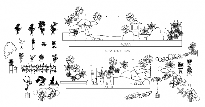 Miscellaneous garden tree, plants and equipment block cad drawing details dwg file