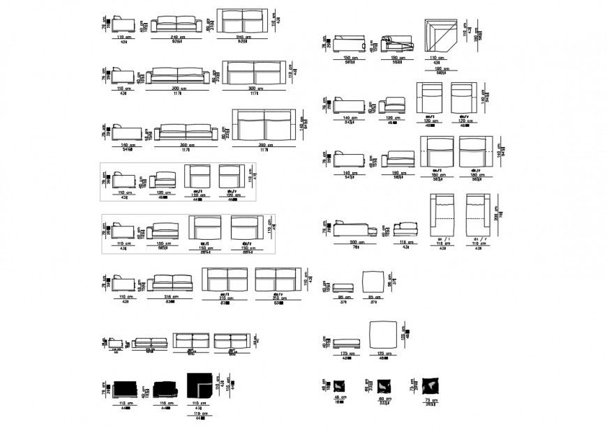 Miscellaneous Sofa Set Elevation Blocks CAD DWG Drawings