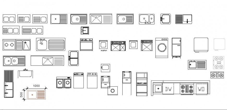 Miscellaneous steel sink and kitchen furniture blocks dwg file