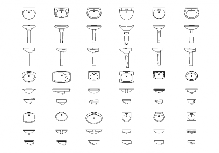 Miscellaneous wash basins all sided elevation blocks details dwg file