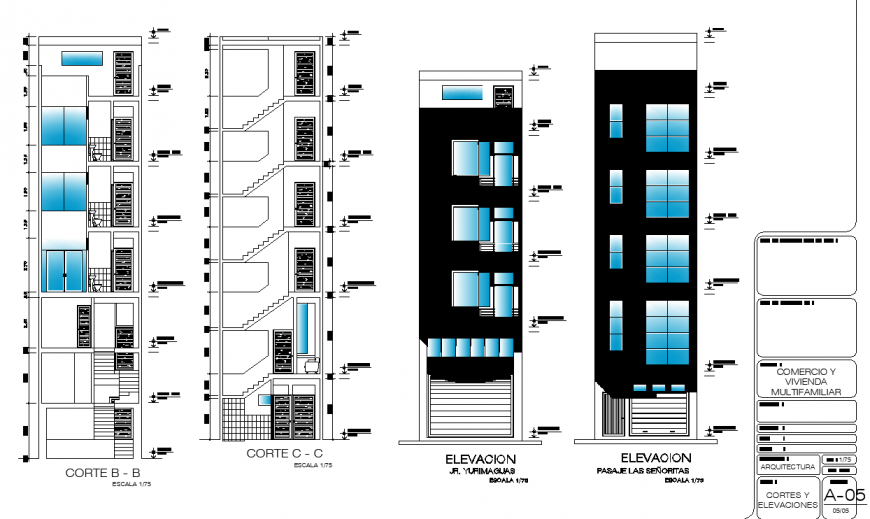 Mix used apartment front elevation drawing in dwg file.