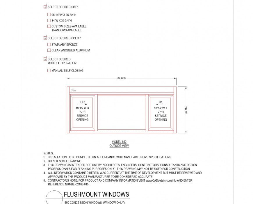 Model out side view Flush mount window plan autocad file