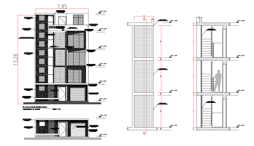 Modern apartment building all sided section cad drawing detail dwg file