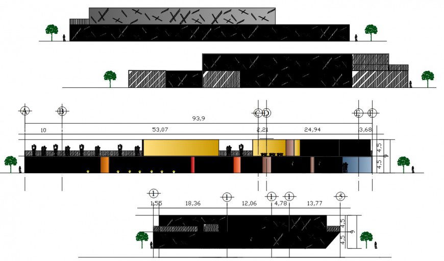 Modern art government museum all sided elevation cad drawing details dwg file