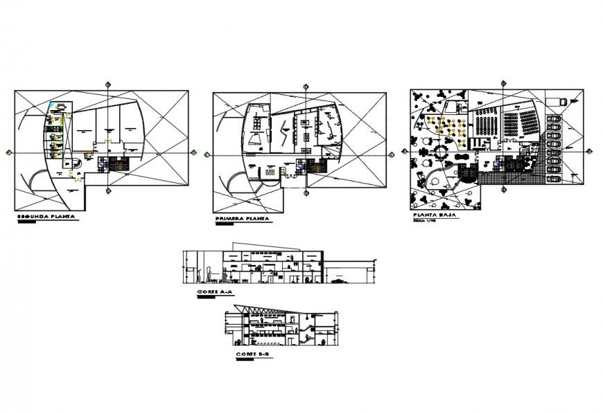 Modern art museum facade and back section with floor plan cad drawing details dwg file