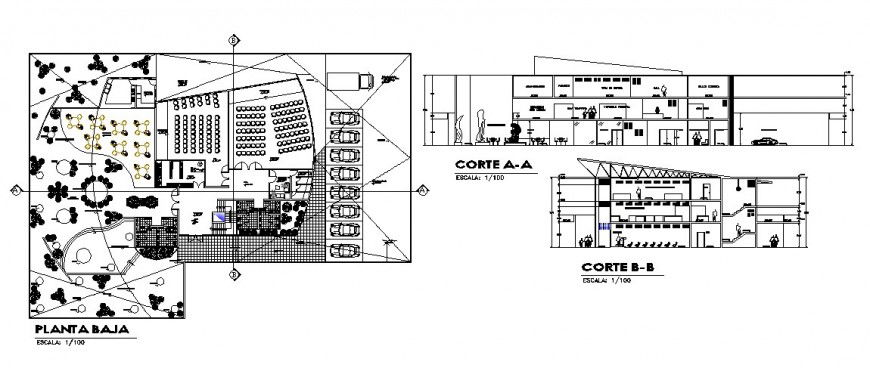 Modern art museum section and ground floor plan cad drawing details dwg file