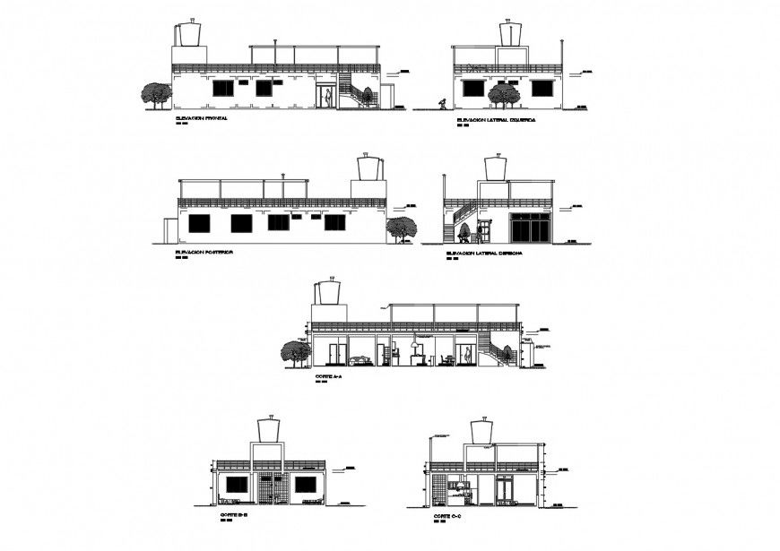Modern beach house all sided elevation and section cad drawing details dwg file