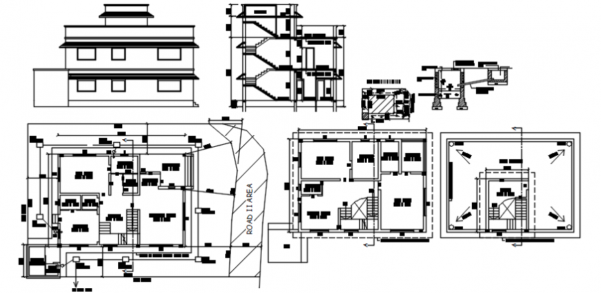 Modern bungalow elevation, section and floor plan cad drawing details dwg file