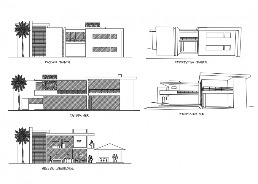 Modern bungalow two story all sided elevations and perspective view details dwg file