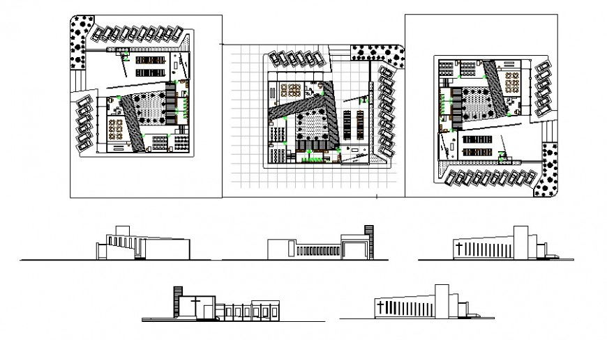 Modern church all sided elevation and floor plan cad drawing details dwg file
