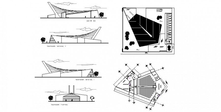 Modern church elevation, section, distribution plan with landscaping dwg file